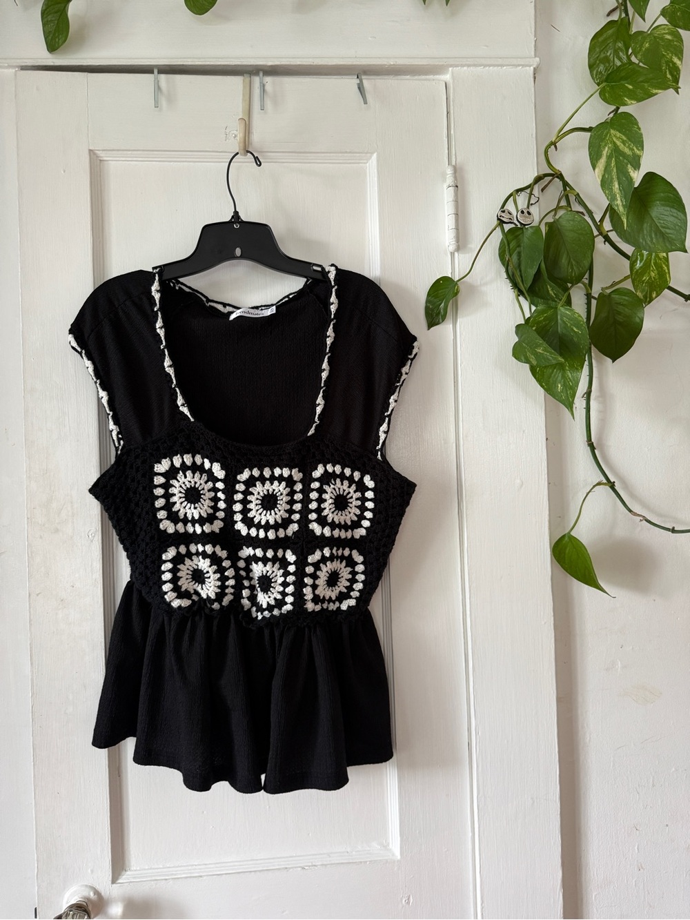 TRENDMATES Black Crochet-Paneled Peplum Camisole Top